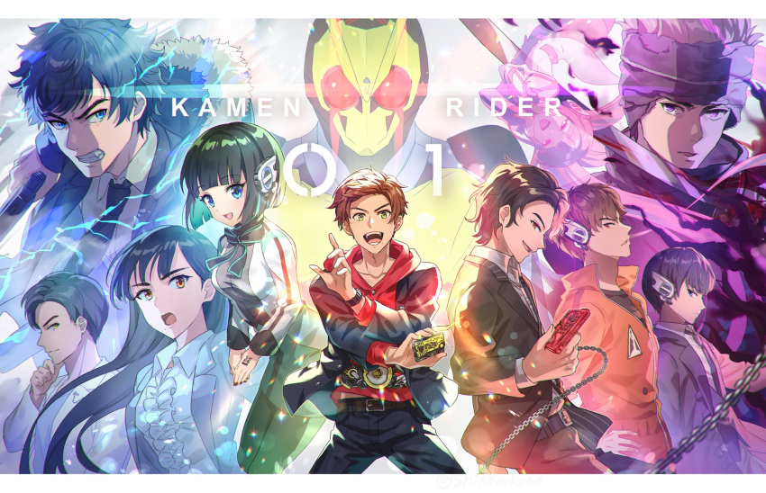 3girls, 6+boys, amatsu_gai, as_(kamen_rider_01), black_hair, blue_eyes, brown_hair, copyright_name