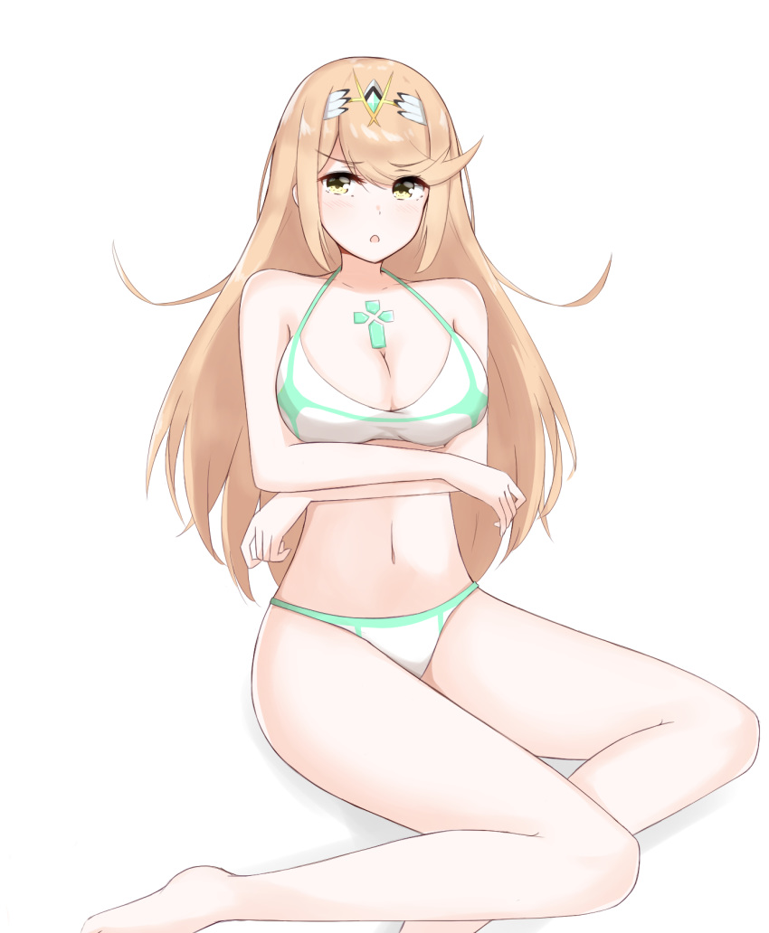 1girl, :o, arms_under_breasts, bangs, bikini, blonde_hair, breasts, chest_jewel