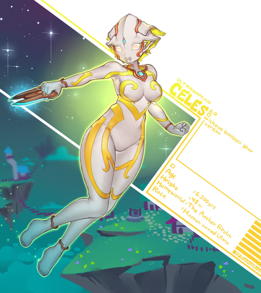 1girl, alien, breasts, character_age, character_name, clenched_hand, english_commentary, highres