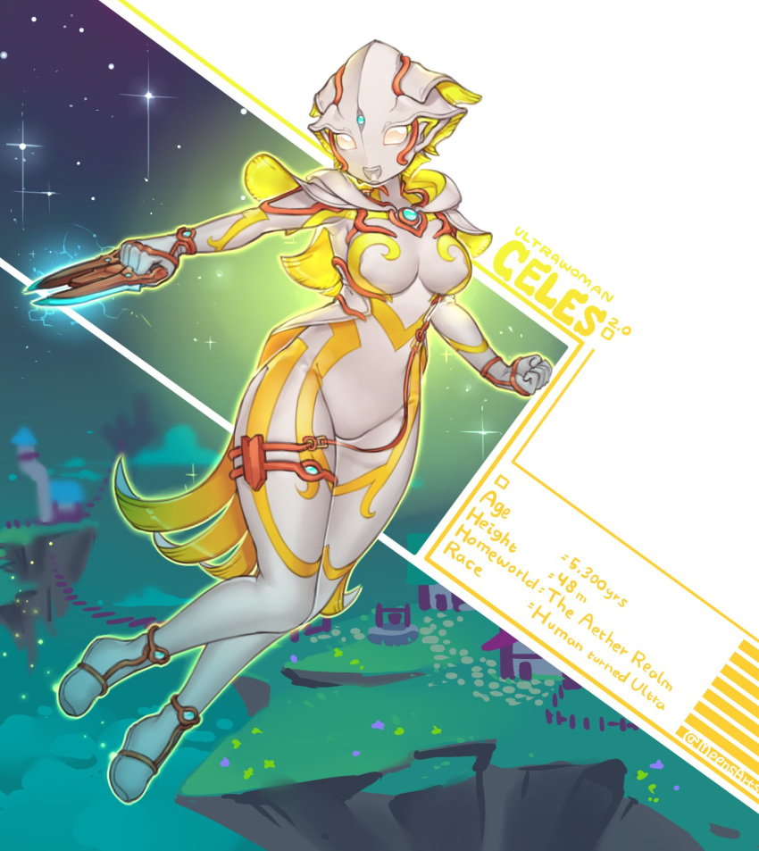 1girl, alien, breasts, character_age, character_name, clenched_hand, english_commentary, highres, holding, holding_weapon, looking_to_the_side, medium_breasts, meen, no_humans, original, solo, tokusatsu, ultra_series, weapon, white_eyes