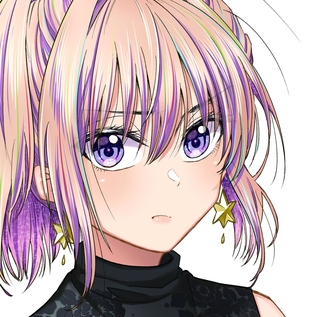 1girl, bangs, blonde_hair, bukiyou_na_senpai, close-up, earrings, eyebrows_behind_hair, highres, jewelry, kannawa_azusa, kudou_makoto, looking_at_viewer, official_art, solo, star_(symbol), star_earrings, violet_eyes, white_background