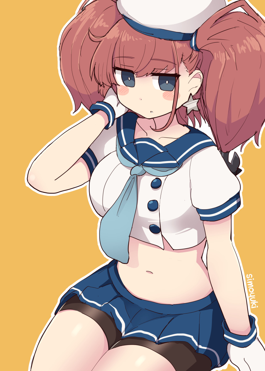 1girl, aqua_neckwear, atlanta_(kantai_collection), bangs, bike_shorts, blue_eyes, blue_skirt, blush, breasts, brown_hair, cosplay, etorofu_(kantai_collection), etorofu_(kantai_collection)_(cosplay), eyebrows_visible_through_hair, gloves, hat, highres, kantai_collection, long_hair, midriff, navel, neckerchief, outline, pleated_skirt, sailor_collar, sailor_hat, school_uniform, serafuku, short_sleeves, shorts, shorts_under_skirt, signature, simoyuki, simple_background, skirt, solo, two_side_up, white_gloves, white_headwear, white_outline, yellow_background
