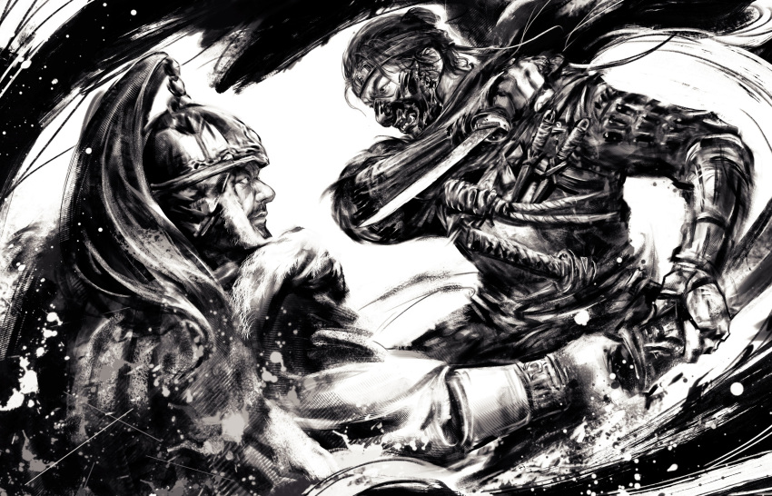 2boys, absurdres, armor, attack, battle, bracer, cape, duel