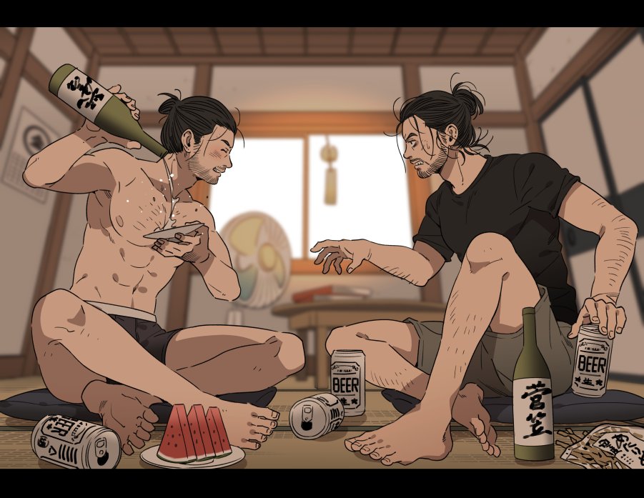 2boys, ^_^, abs, annoyed, arm_hair, arm_up, barefoot, beer_can