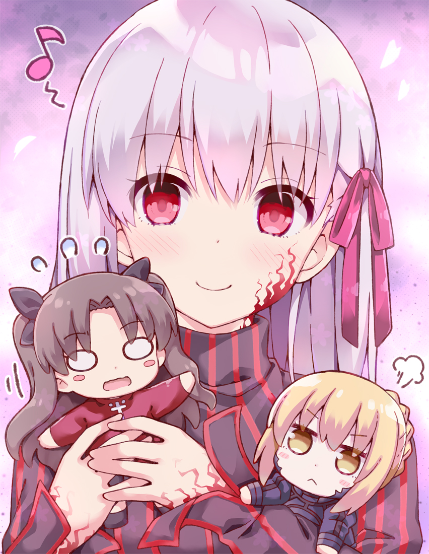 3girls, :<, armor, artoria_pendragon_(all), bangs, black_ribbon, blonde_hair, blush