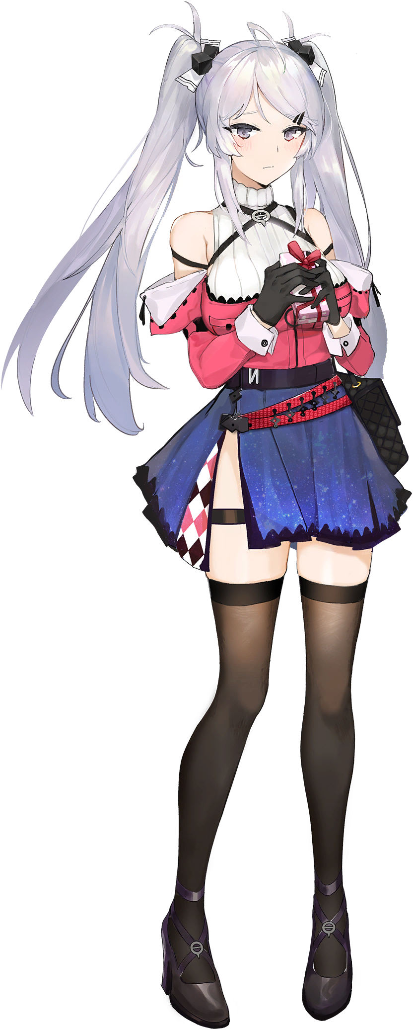 1girl, ahoge, alternate_costume, artist_request, bag, bangs, bare_shoulders, black_footwear, black_gloves, black_legwear, blue_oath, blue_skirt, blush, box, breasts, closed_mouth, detached_sleeves, gift, gift_box, gloves, hair_ornament, hair_ribbon, hairclip, high_heels, highres, hiryuu_(blue_oath), holding, long_hair, official_art, ribbon, sidelocks, silver_hair, skirt, solo, standing, thigh-highs, thigh_strap, transparent_background, twintails