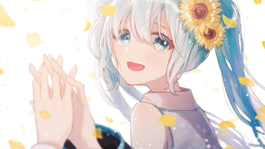1girl, 1other, :d, armpit_crease, backlighting, bare_shoulders, blue_eyes, blue_hair