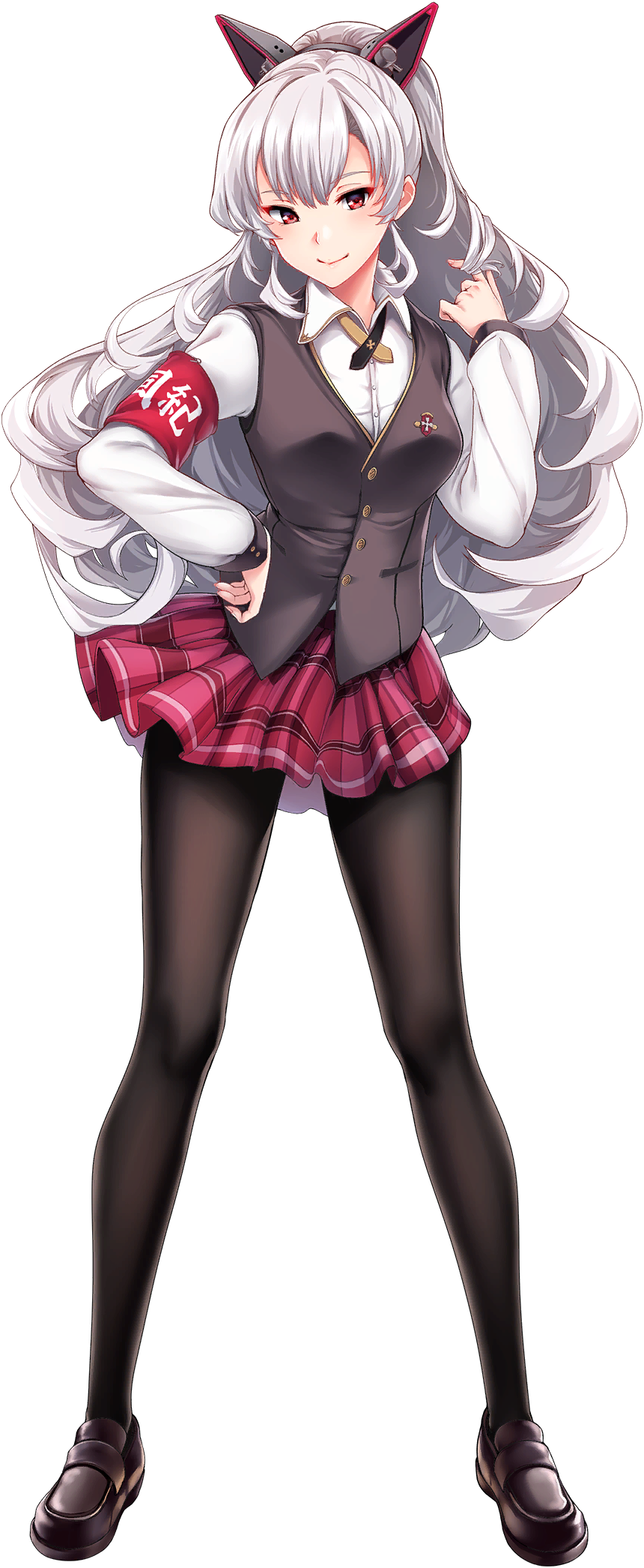 1girl, alternate_costume, alternate_hairstyle, armband, artist_request, bangs, black_legwear, black_vest, blue_oath, breasts, brown_footwear, full_body, headgear, highres, long_hair, long_sleeves, medium_breasts, official_art, pantyhose, plaid, plaid_skirt, ponytail, red_eyes, red_skirt, scharnhorst_(blue_oath), school_uniform, shirt, skirt, smile, solo, standing, transparent_background, vest, wavy_hair, white_shirt