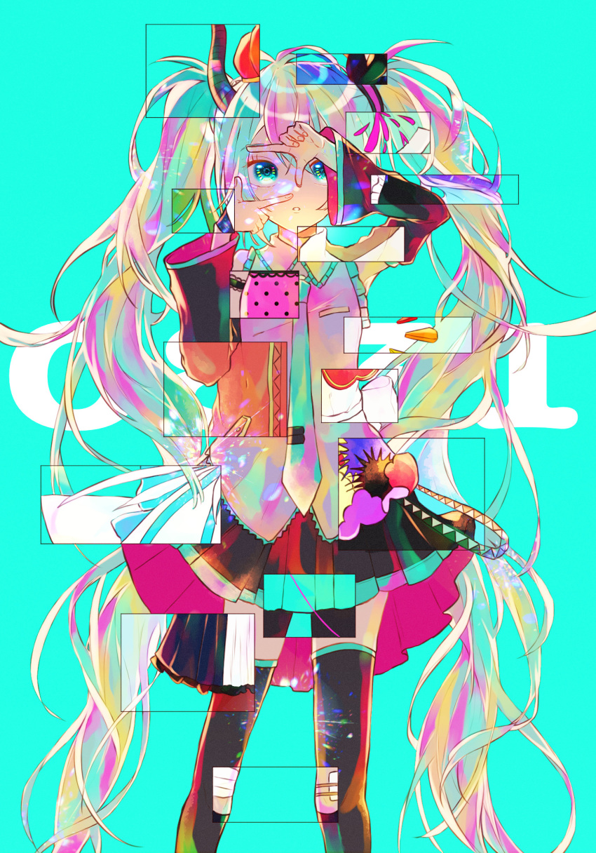 1girl, abstract, annotated, aqua_hair, aqua_skirt, armpits, bandaid, bandaid_on_knee