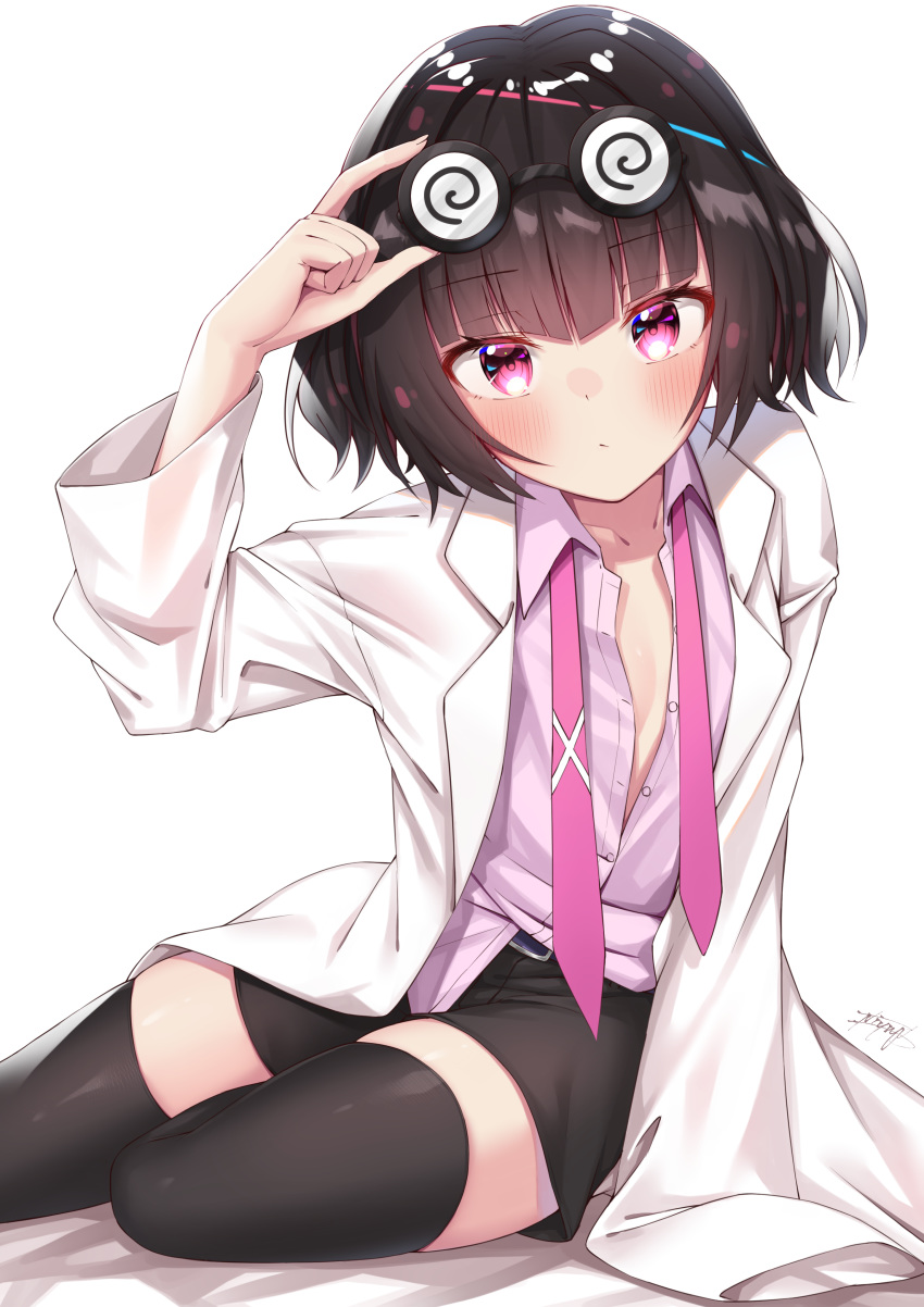 1girl, absurdres, adjusting_eyewear, arm_support, arm_up, bangs, black_hair, black_legwear