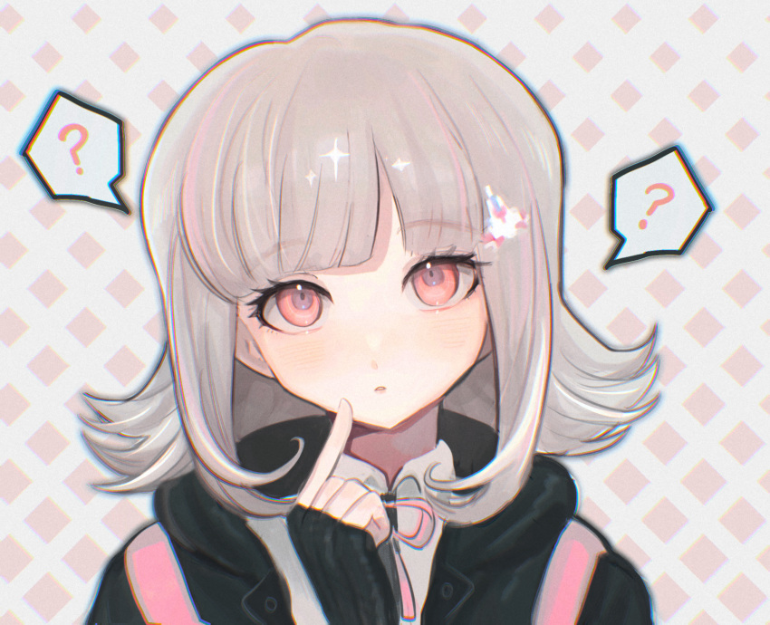 1girl, ?, akiko_141, bangs, black_gloves, black_jacket, blunt_bangs, blush