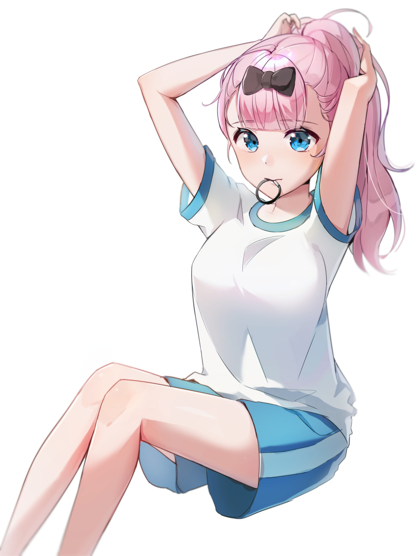 1girl, absurdres, adjusting_hair, alternate_hairstyle, arms_up, bangs, bare_arms, black_bow