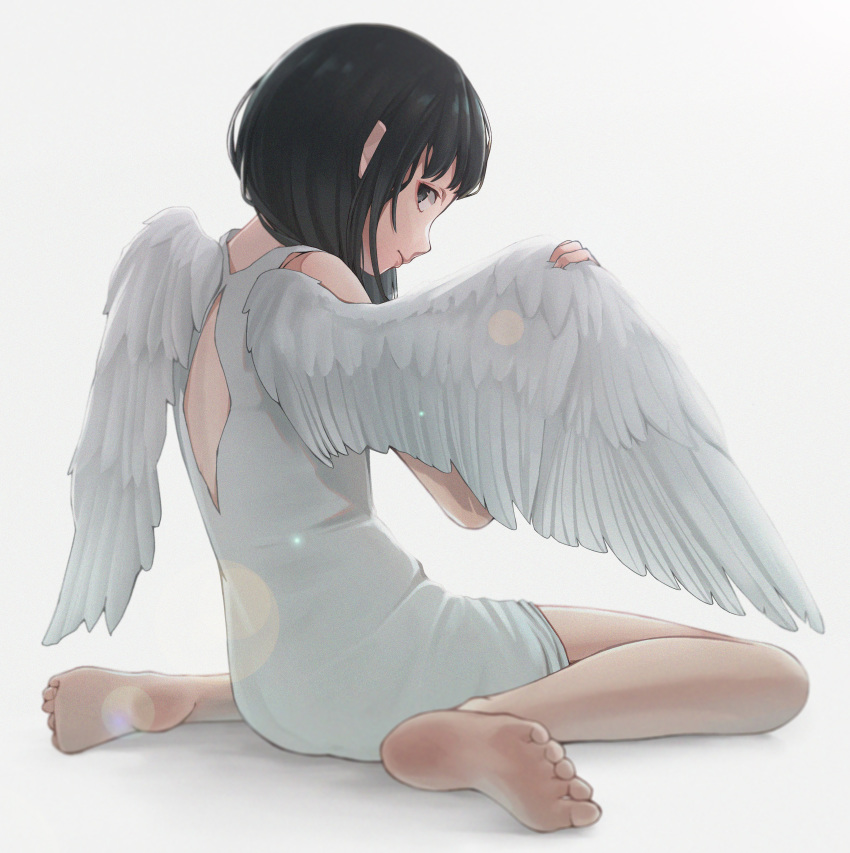 1girl, absurdres, angel, angel_wings, barefoot, black_eyes, black_hair, debi, dress, from_behind, highres, huge_filesize, kneeling, looking_at_viewer, original, short_dress, short_hair, solo, white_dress, white_wings, wings