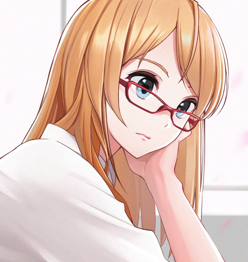 1girl, blonde_hair, blue_eyes, chin_rest, closed_mouth, debi, glasses, hand_on_own_chin