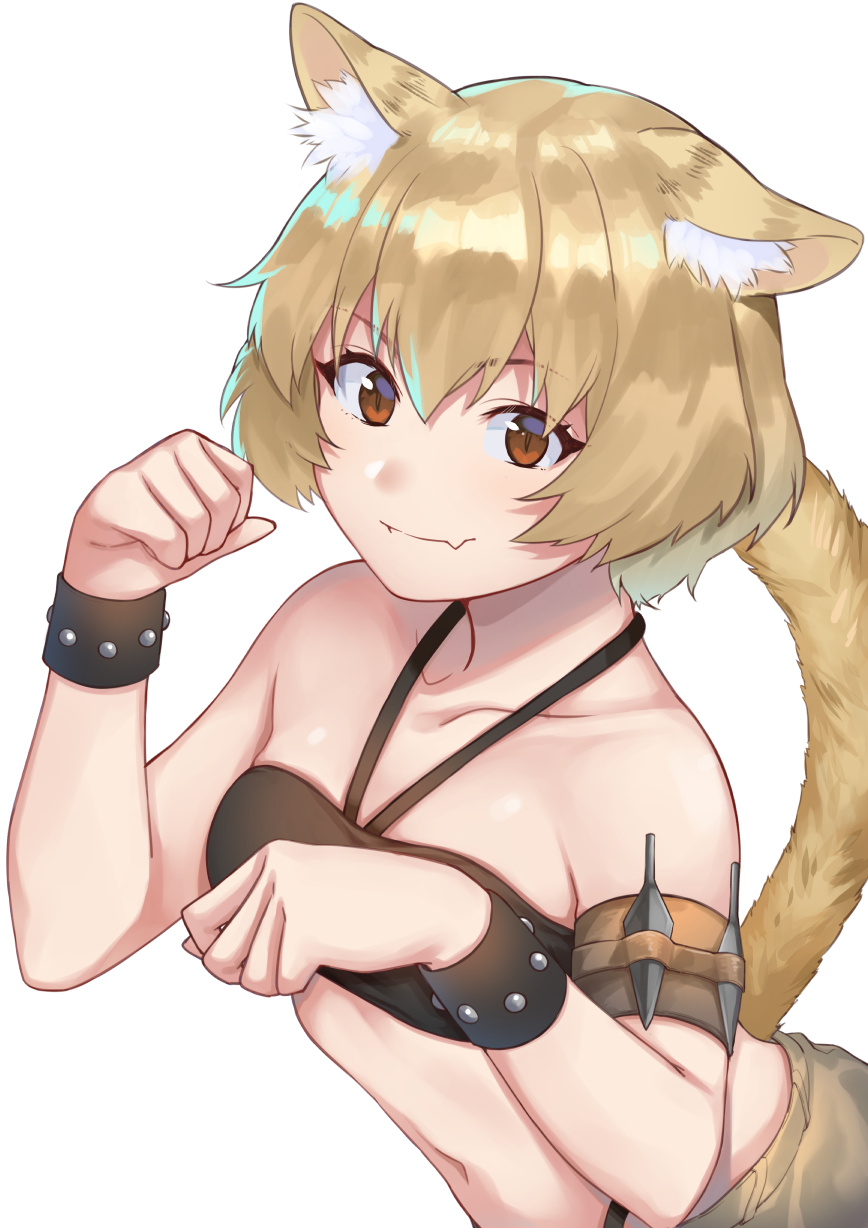 1girl, :3, animal_ears, bangs, bare_shoulders, blonde_hair, breasts, brown_eyes