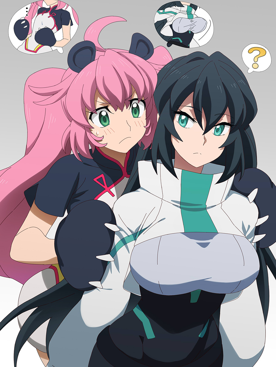 2girls, ?, animal_ears, black_hair, bodysuit, bouncing_breasts, breast_envy, breasts