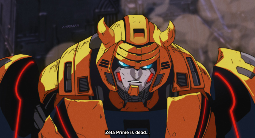 1boy, autobot, blue_eyes, bumblebee, close-up, dmitry_grozov, english_commentary, english_text, highres, horns, looking_down, mecha, no_humans, solo, the_transformers_(idw), transformers