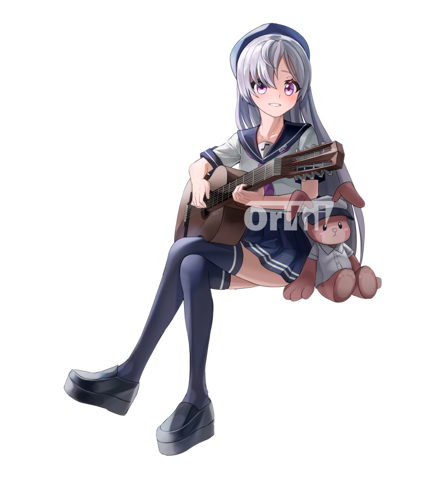 1girl, absurdres, acoustic_guitar, alternate_costume, black_footwear, blue_headwear, blue_legwear, blue_skirt