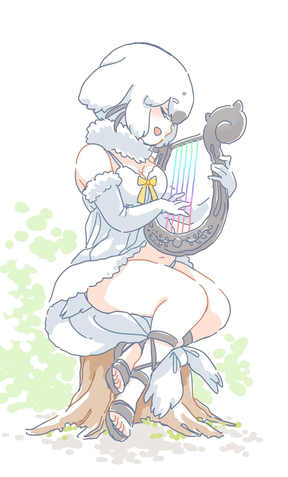 1girl, bare_shoulders, black_hair, bow, closed_eyes, commentary_request, elbow_gloves, eyebrows_visible_through_hair, fur_collar, fur_trim, gladiator_shoes, gloves, grey_hair, harp, harp_seal_(kemono_friends), highres, instrument, kemono_friends, mitsumoto_jouji, multicolored_hair, music, open_mouth, playing_instrument, shirt, short_hair, sitting, sleeveless, solo, spaghetti_strap, swimsuit, tree_stump, white_gloves, white_shirt, white_swimsuit, yellow_bow