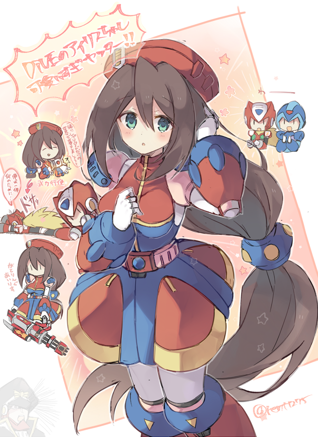 1girl, android, beret, blush, breasts, brown_hair, chibi, dress