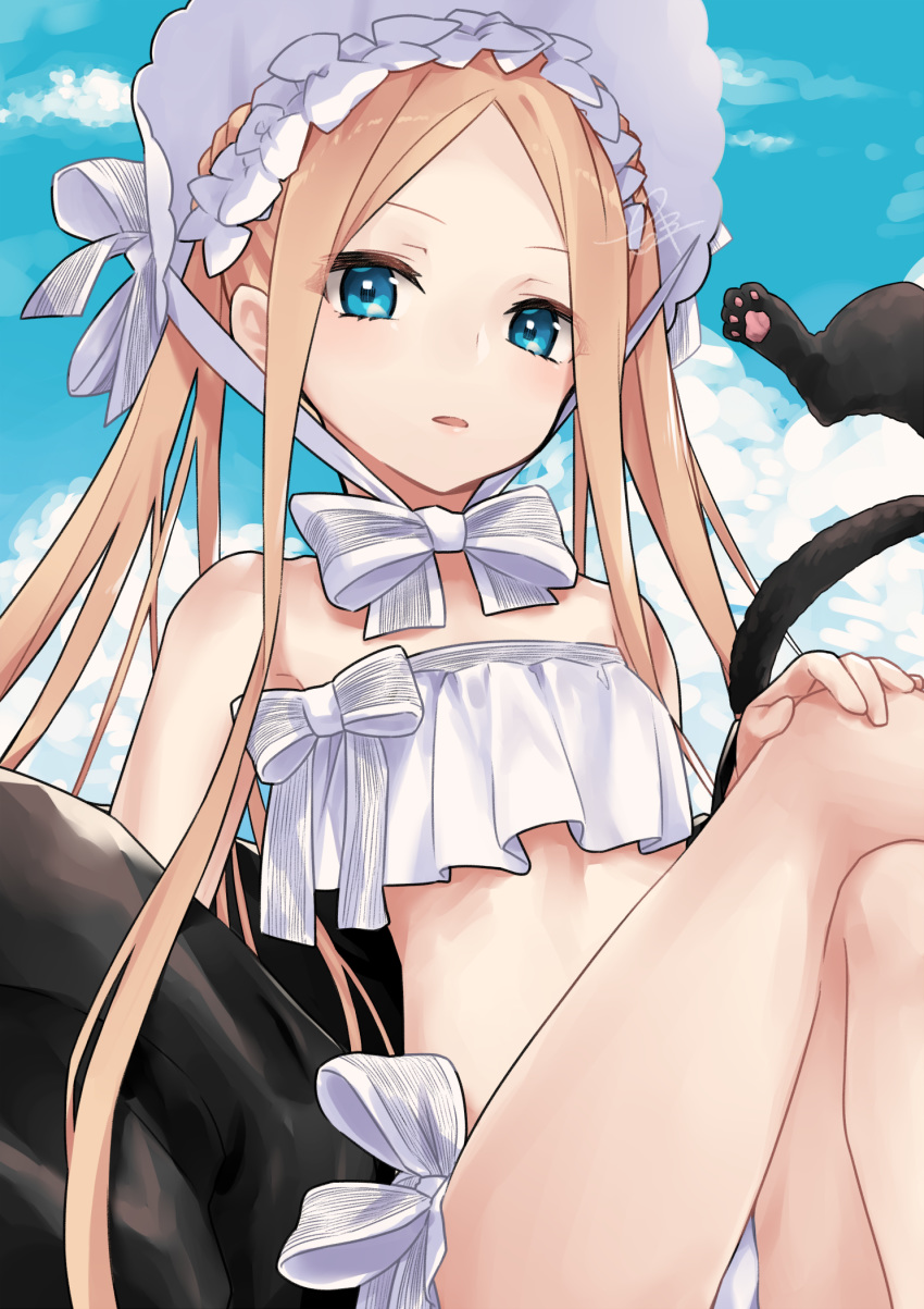 1girl, abigail_williams_(fate/grand_order), abigail_williams_(swimsuit_foreigner)_(fate), b-grlew, bangs, bare_shoulders, bikini, black_cat, black_jacket, blonde_hair, blue_eyes, blue_sky, bonnet, bow, breasts, cat, crossed_legs, fate/grand_order, fate_(series), forehead, hair_bow, highres, jacket, long_hair, looking_at_viewer, miniskirt, navel, off_shoulder, open_clothes, open_jacket, parted_bangs, parted_lips, sidelocks, sitting, skirt, sky, small_breasts, swimsuit, thighs, twintails, very_long_hair, white_bikini, white_bow, white_headwear