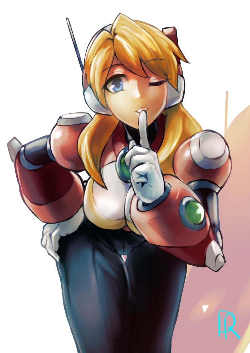 1girl, alia_(rockman), android, bangs, bent_over, blonde_hair, blue_eyes, breasts
