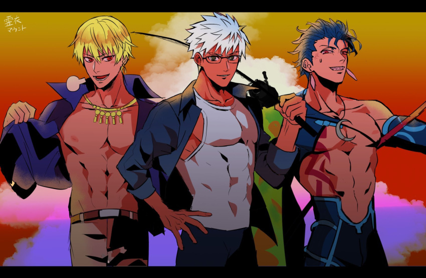 3boys, abs, alternate_costume, archer, blonde_hair, blue_hair, brown_eyes, chest
