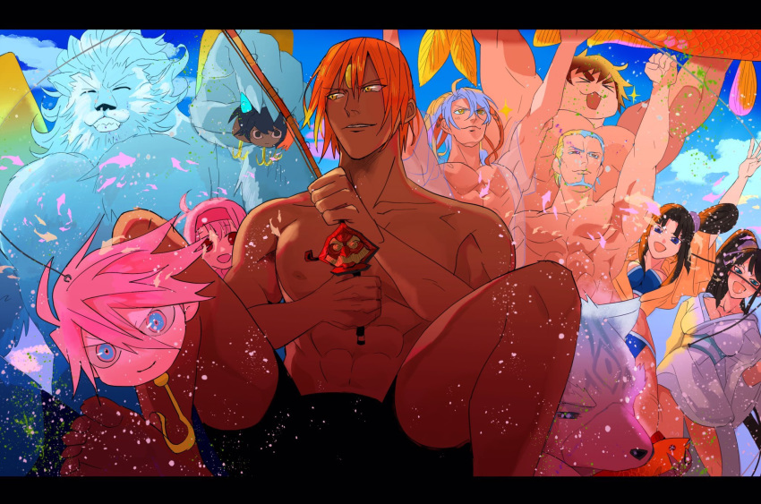 >_<, 3girls, 6+boys, :3, ^_^, abs, alternate_costume, arjuna_alter