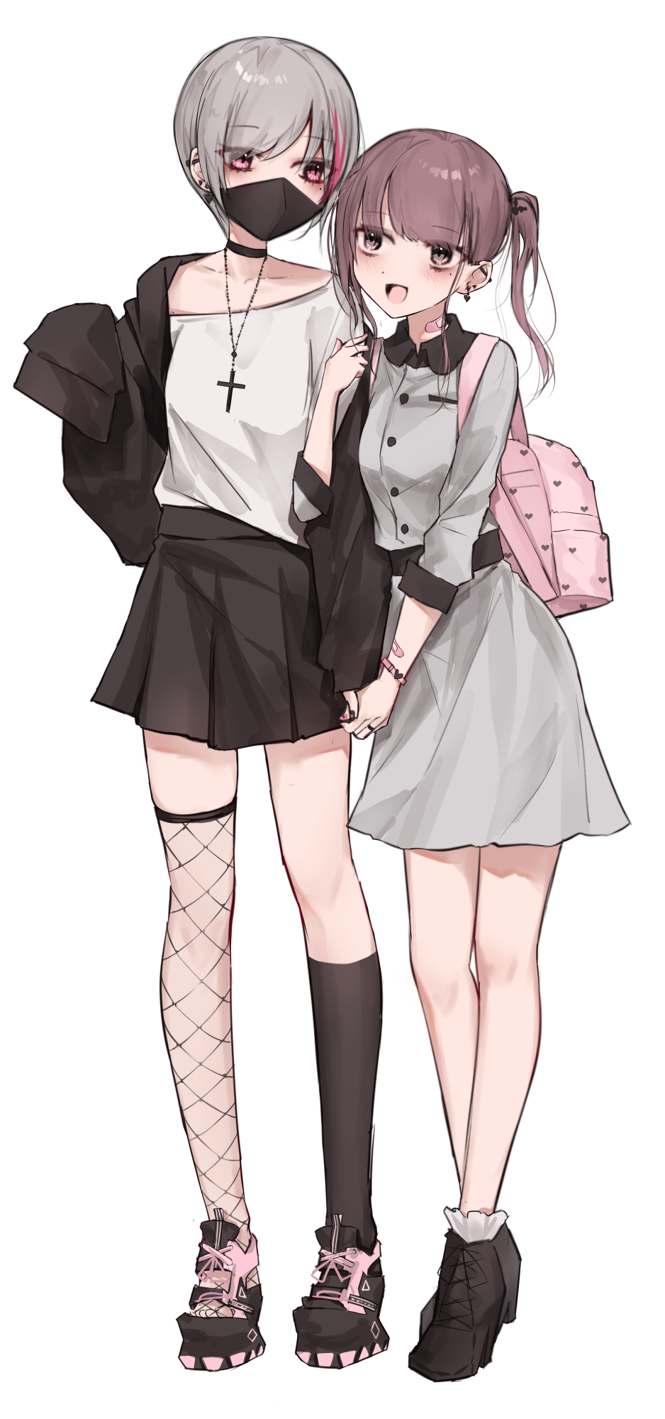 2girls, :d, arm_hug, asymmetrical_legwear, backpack, bag, bandaid, bandaid_on_neck