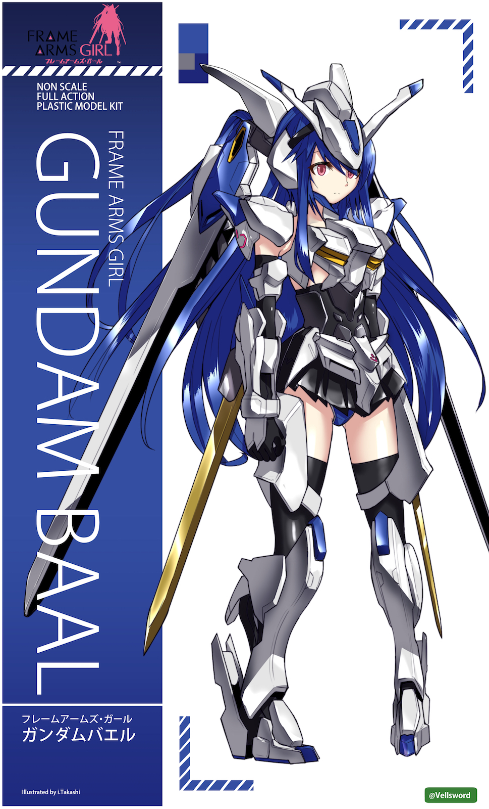 1girl, blue_hair, character_name, copyright_name, crossover, fake_box_art, frame_arms_girl, gundam