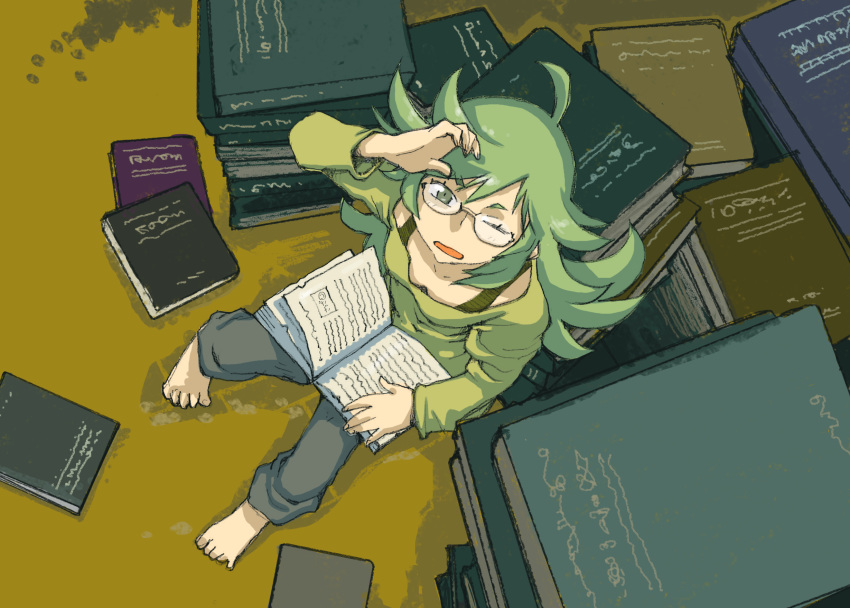 1girl, 330_design, barefoot, book, cowlick, from_above, glasses, graphite_(medium)