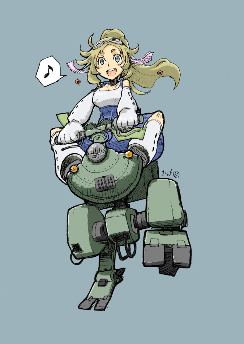 1girl, 330_design, blonde_hair, gloves, goggles, goggles_on_head, graphite_(medium), green_eyes