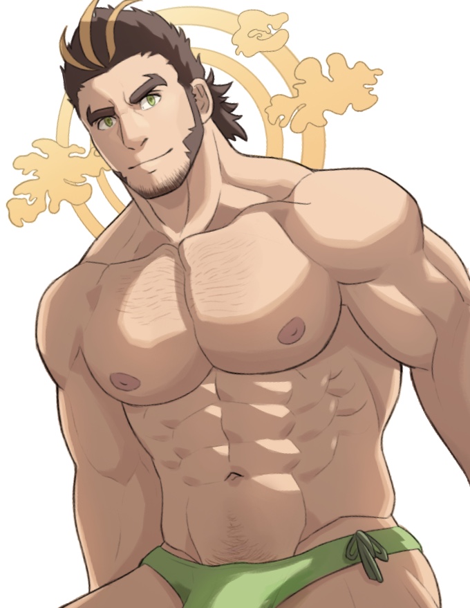 1boy, abs, bara, black_hair, blonde_hair, body_hair, briefs, bulge, chest, chest_hair, facial_hair, hairy, looking_at_viewer, male_focus, manly, multicolored_hair, muscle, nipples, pectorals, solo, streaked_hair, thick_eyebrows, thick_thighs, thighs, tokyo_houkago_summoners, uiokv, underwear, yamasachihiko_(tokyo_houkago_summoners)