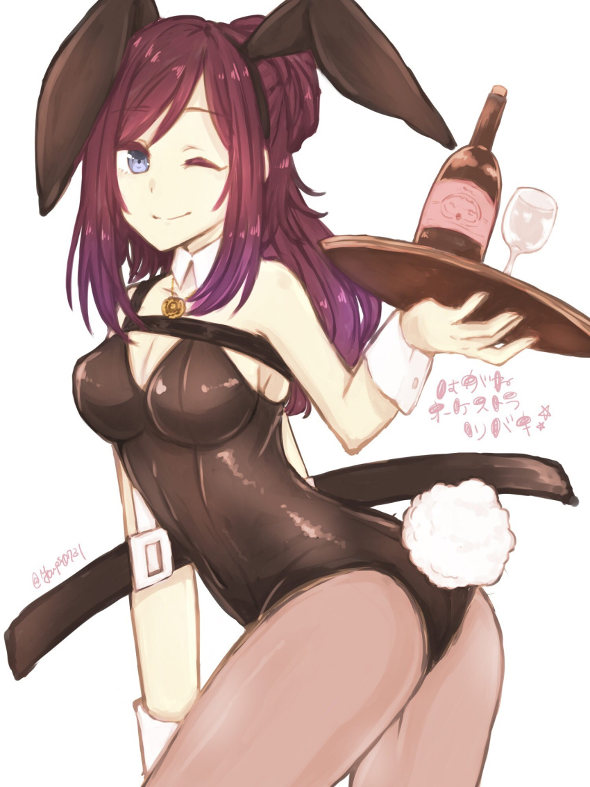 1girl, bent_over, blue_eyes, breasts, bunny_girl, bunny_tail, bunnysuit, detached_collar