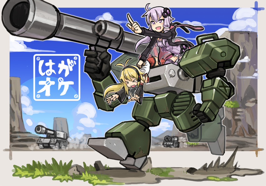 >_<, 2girls, blonde_hair, clenched_hand, falling, ground_vehicle, gun, hagane_orchestra