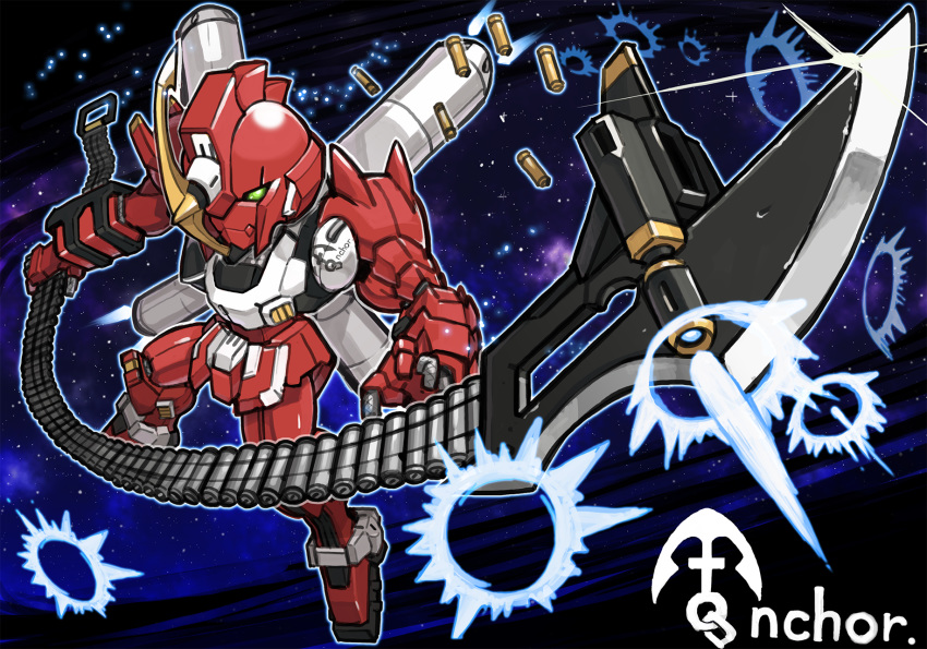 anchor_(mecha), character_name, chibi, crossbone_gundam, crossbone_gundam_dust, floating, green_eyes, gundam, highres, holding, holding_weapon, mecha, no_humans, open_hand, solo, space, weapon, wetgerund