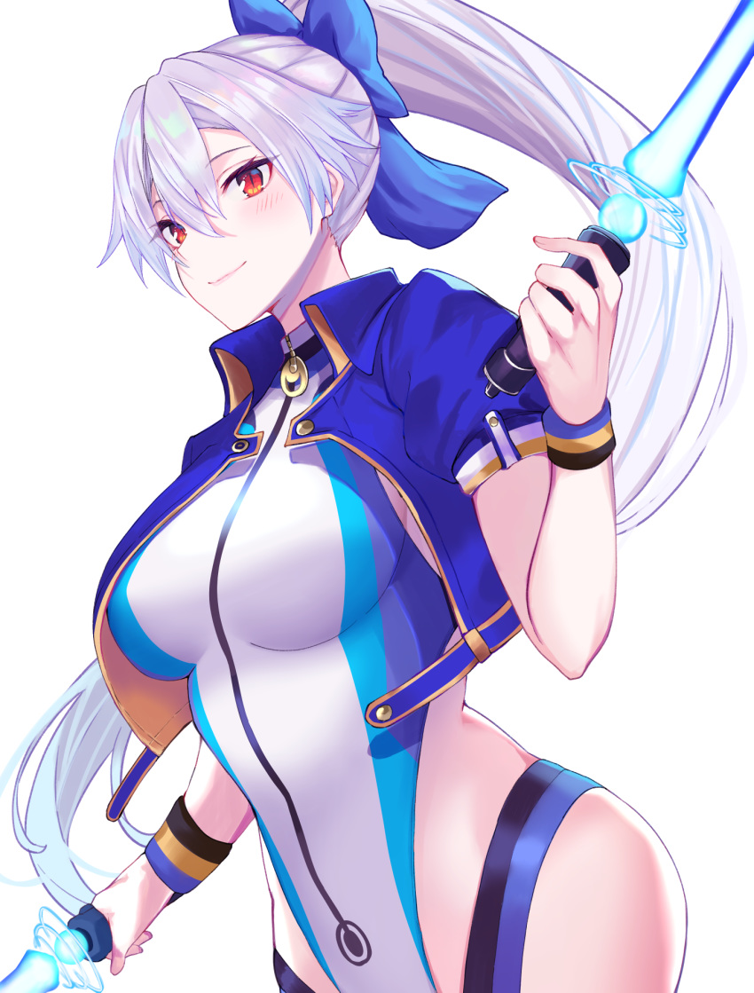 1girl, bangs, blue_bow, blue_jacket, blue_swimsuit, blush, bow, breasts