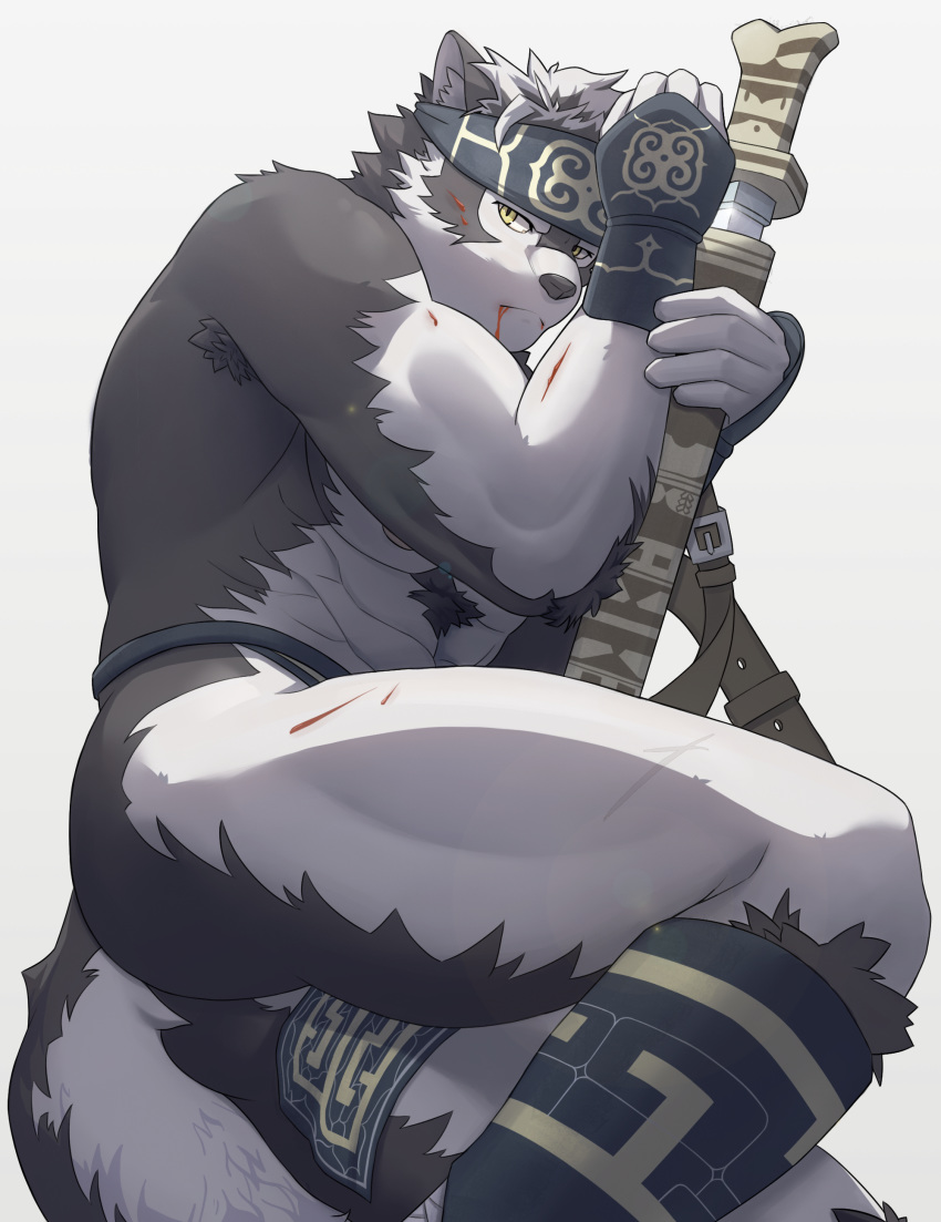 1boy, abs, absurdres, animal_ears, bara, blood, blood_from_mouth, body_hair, furry, grey_fur, grey_hair, headband, highres, horkeu_kamui_(tokyo_houkago_summoners), male_focus, multicolored_hair, muscle, nipples, revealing_clothes, shirtless, short_hair, silver_hair, solo, sword, tail, thick_thighs, thighs, tokyo_houkago_summoners, two-tone_fur, uiokv, upper_body, weapon, white_fur, wolf_boy, wolf_ears, wolf_tail, yellow_eyes