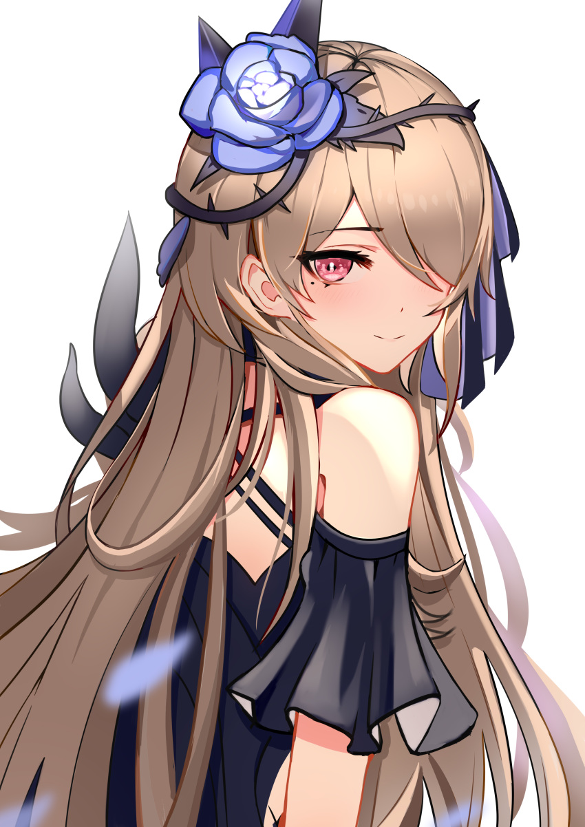 1girl, absurdres, bare_shoulders, black_dress, blue_flower, blue_rose, blurry_foreground, blush
