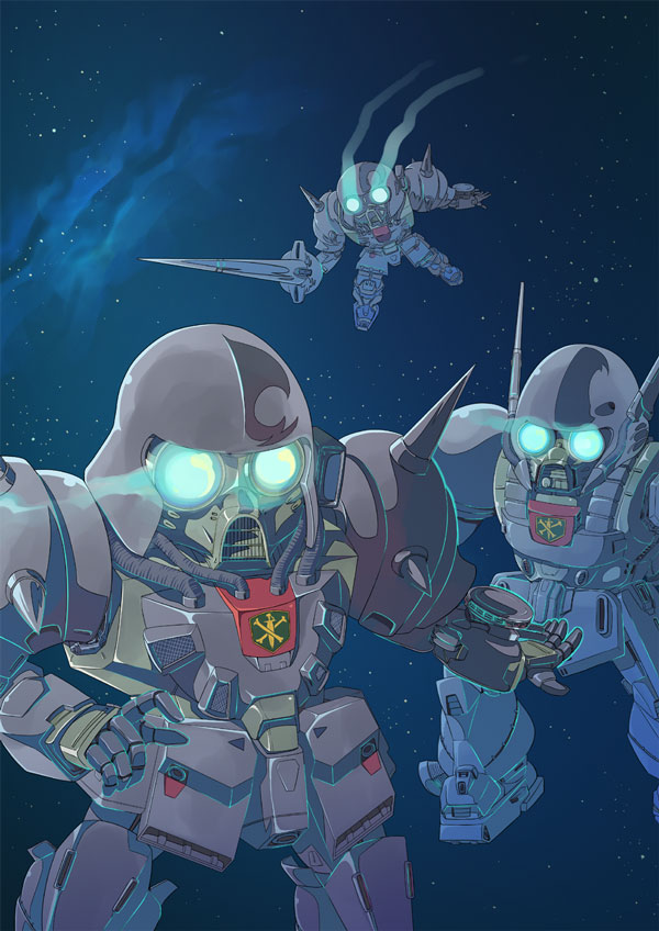 blue_eyes, chibi, crossbone_vanguard, den'an_gei, den'an_zon, flying, glowing, glowing_eyes