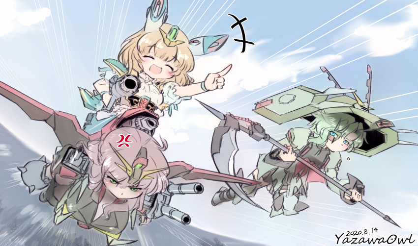 3girls, ^_^, annoyed, artist_name, blue_eyes, calamity_gundam, closed_eyes, derivative_work