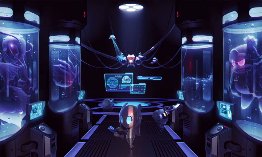 1girl, 5health, blue_eyes, clone, commentary_request, controller, dark, dark_matter