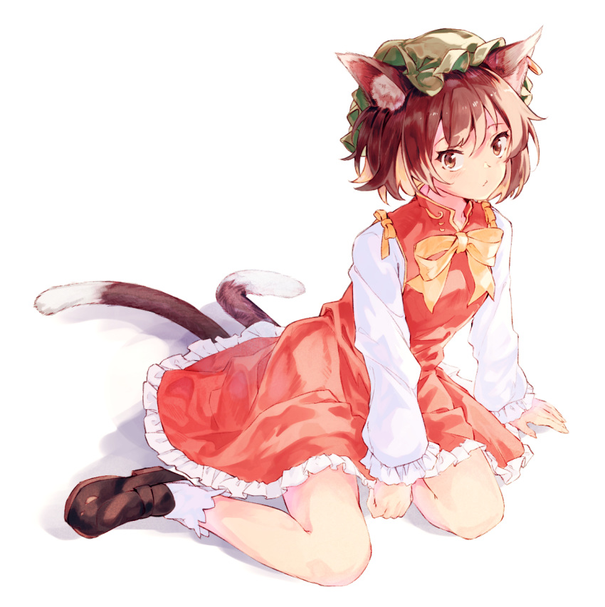 1girl, animal_ear_fluff, animal_ears, arm_support, bangs, between_legs, black_footwear, bow