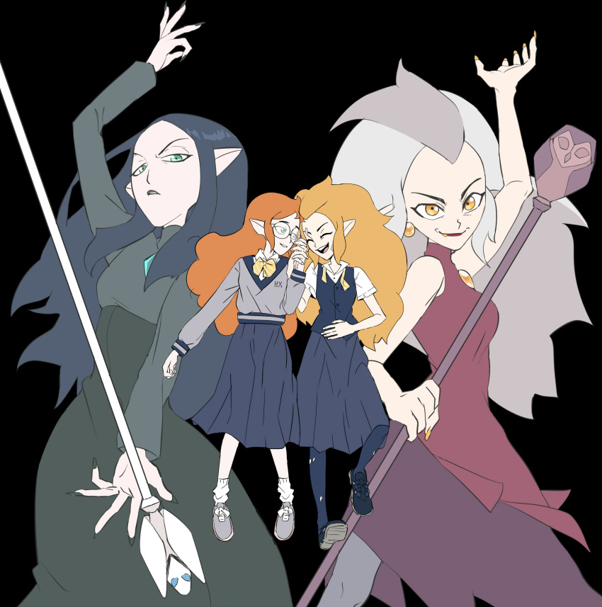 2girls, arm_up, black_background, black_hair, black_nails, dual_persona, edalyn_clawthorne, fang