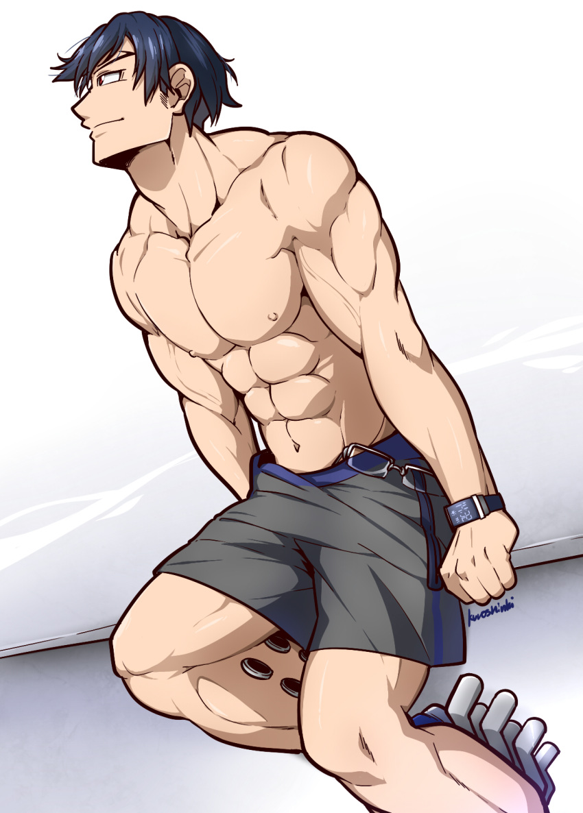 1boy, abs, bara, blue_hair, boku_no_hero_academia, chest, collarbone, highres