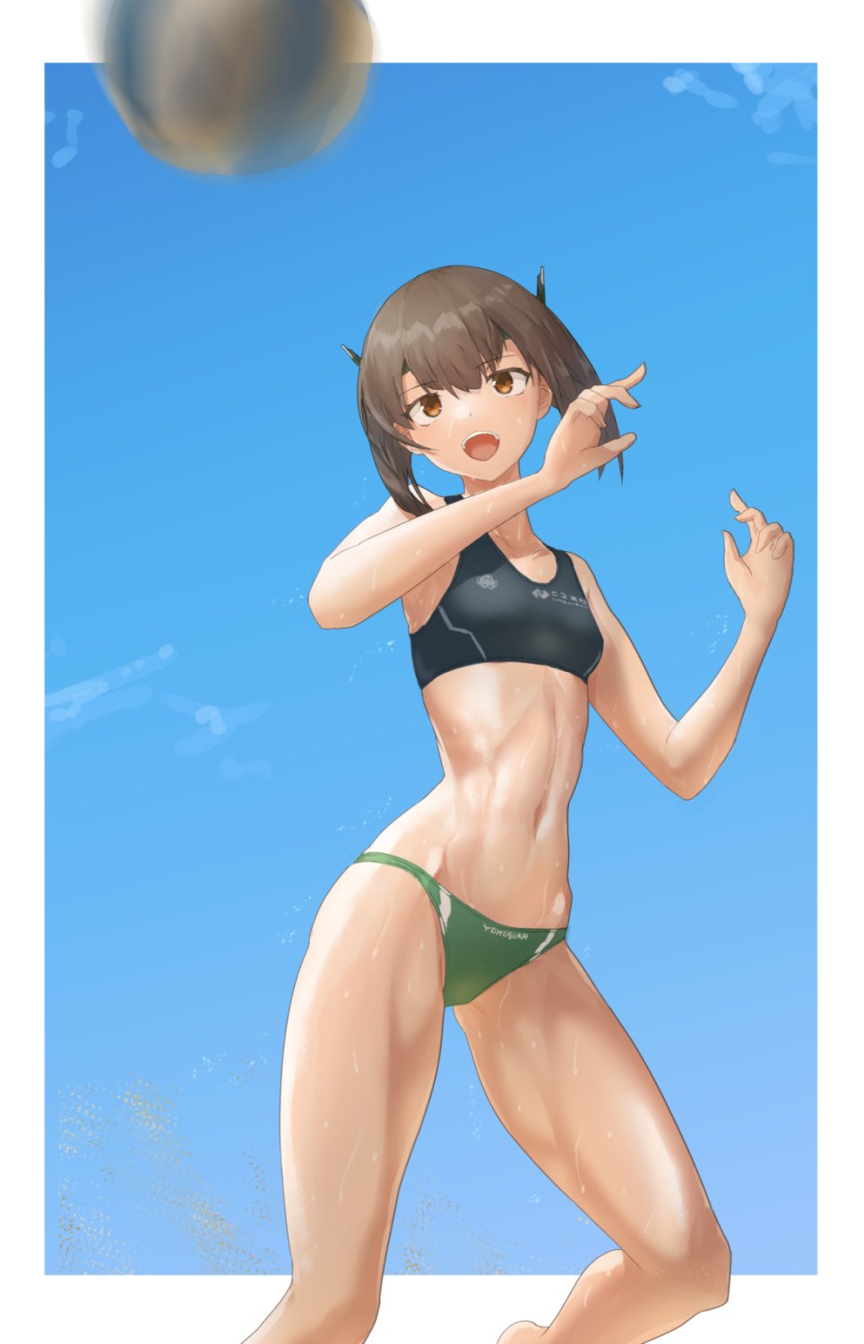 1girl, abs, alternate_costume, blue_sky, breasts, brown_eyes, brown_hair, hands_up