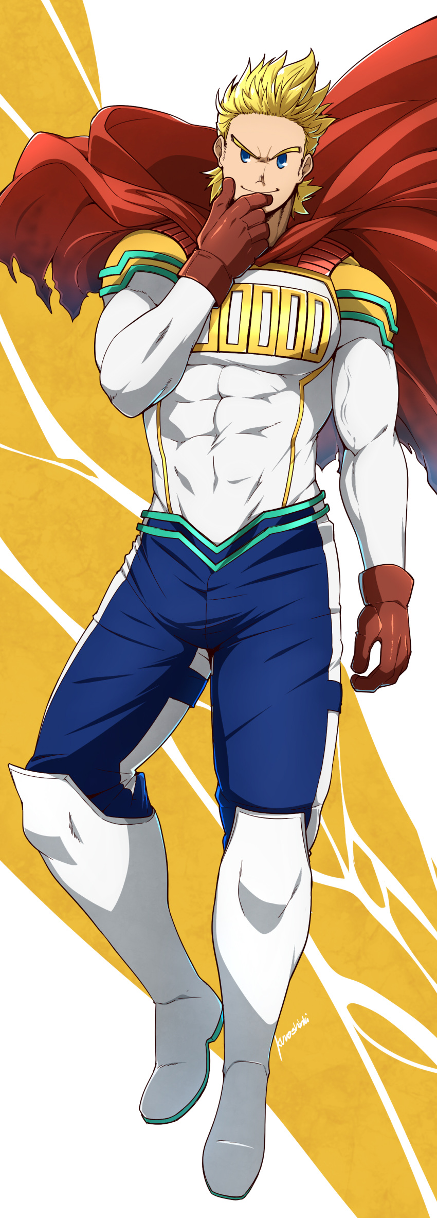 1boy, absurdres, bara, blonde_hair, blue_eyes, bodysuit, boku_no_hero_academia, cape