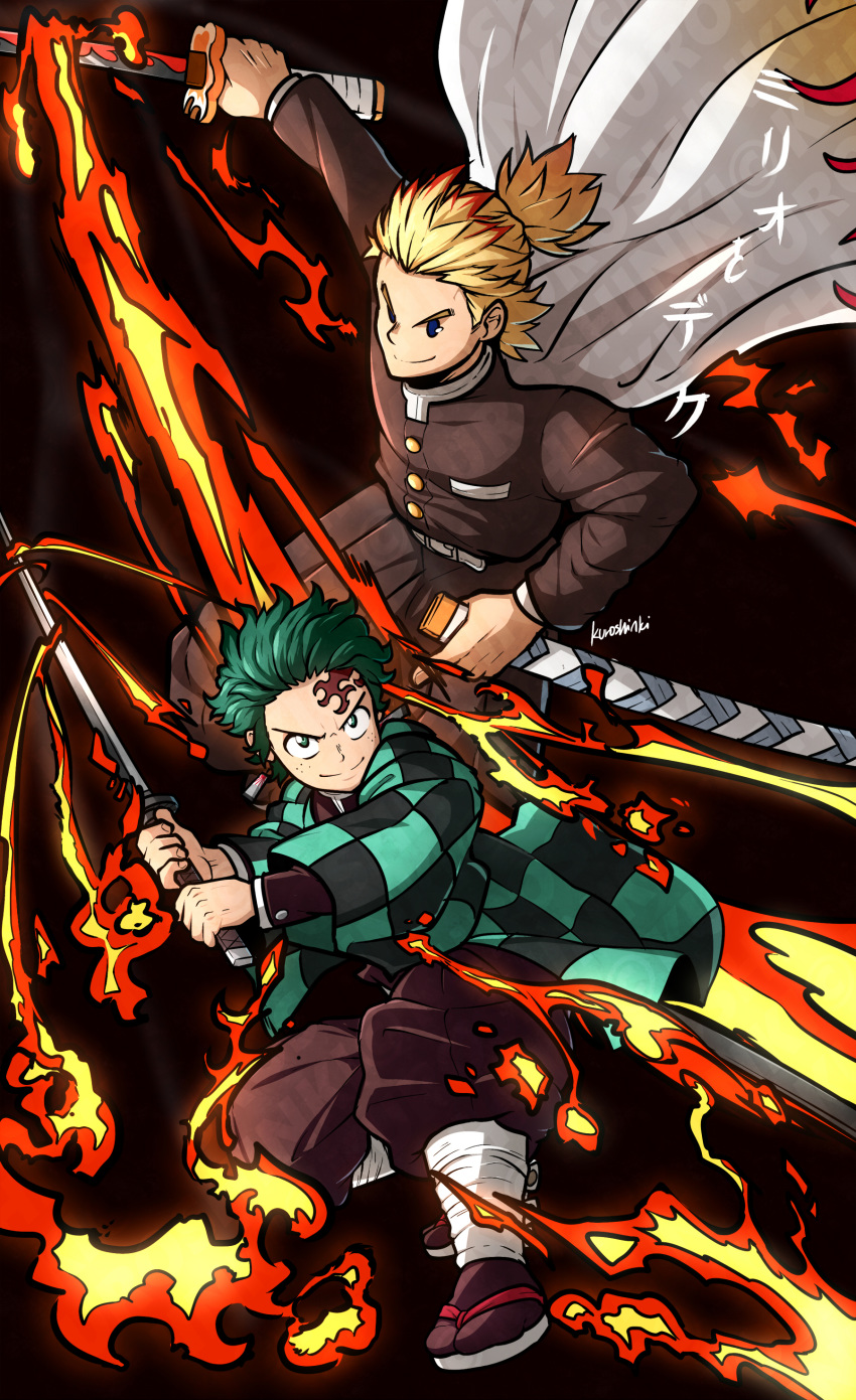 2boys, absurdres, alternate_costume, blonde_hair, blue_eyes, boku_no_hero_academia, cape, cosplay