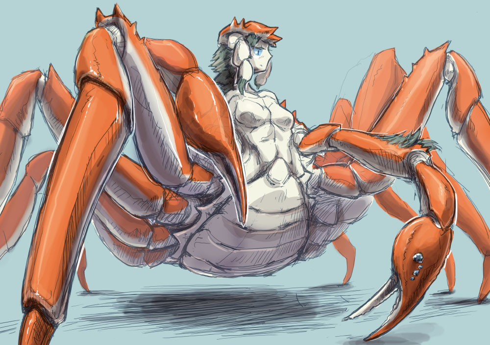 1girl, abs, bearclaw, blue_background, blue_eyes, breasts, carapace, commentary_request