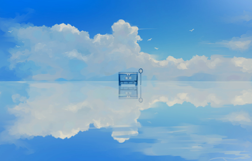 animal, bench, bird, blue_sky, blue_theme, bus_stop, clouds, cloudy_sky